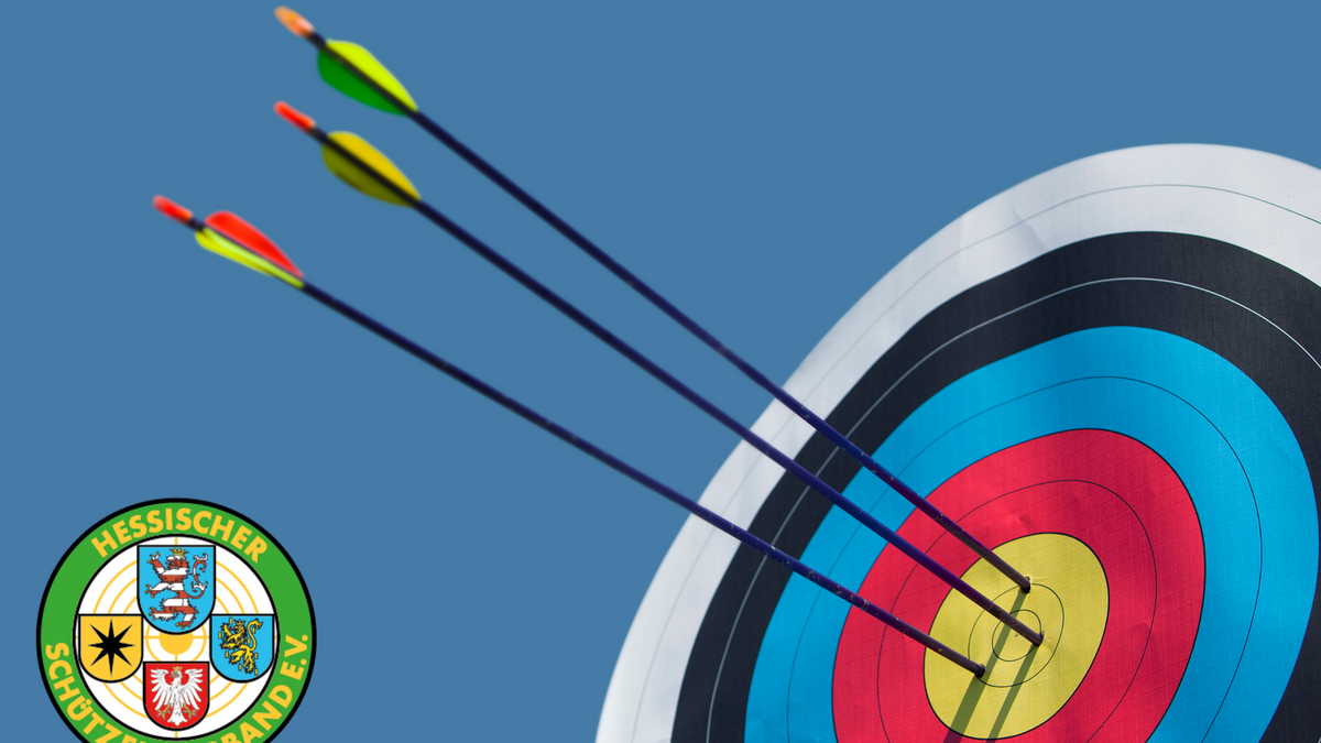Symbolbild Hessenliga - Zielscheibe mit Pfeilen daneben das Logo des Hessischen Schützenverbandes